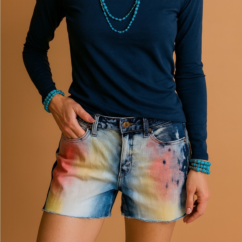 Juniors Redfox Denim Stretchy Multicolored Retro Tie-Dye Jean Shorts